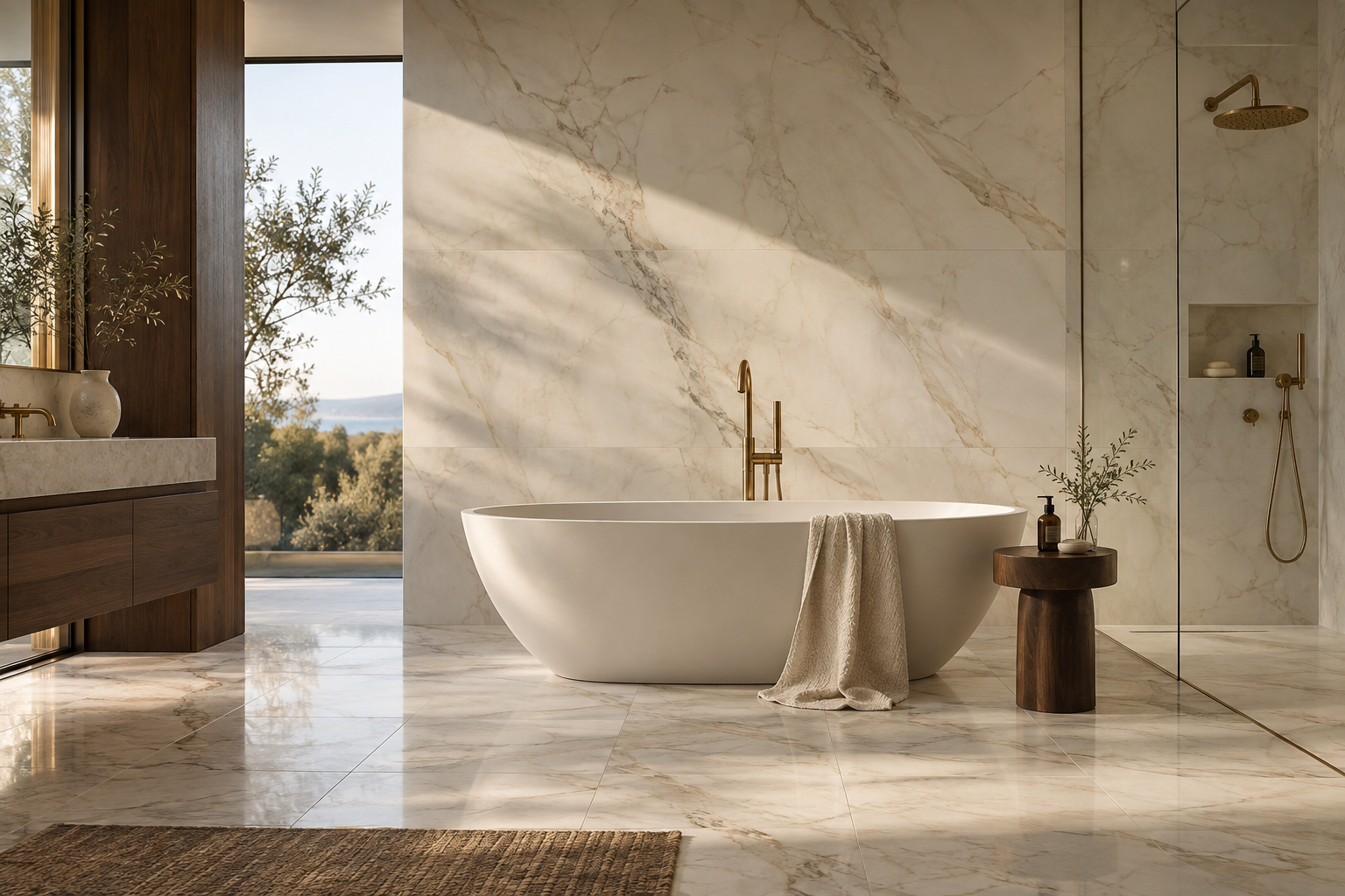 Sunlit marble bathroom with a sculptural freestanding bath and warm brass details